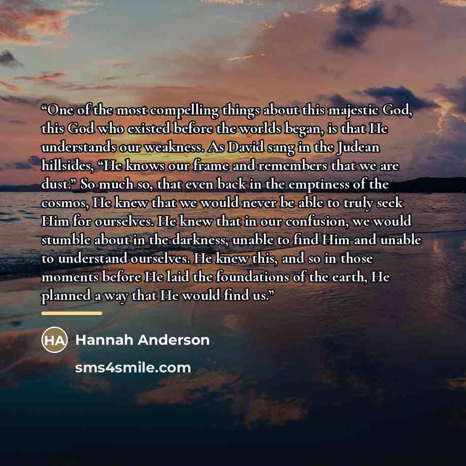 “One of the most compelling things about this majestic God, this God who existed before the worlds began, is that He understands our weakness. As David sang in the Judean hillsides, “He knows our frame and remembers that we are dust.” So much so, that even back in the emptiness of the cosmos, He…” quote by Hannah Anderson