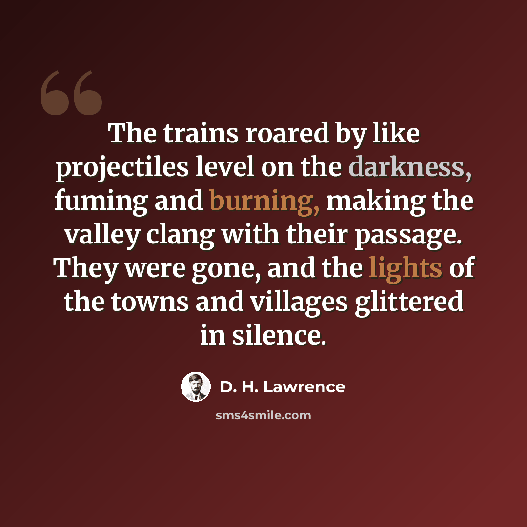 “The trains roared by like projectiles level on the darkness, fuming and burning, making the valley clang with their passage. They were gone, and the lights of the towns and villages glittered in silence.” quote by D. H. Lawrence
