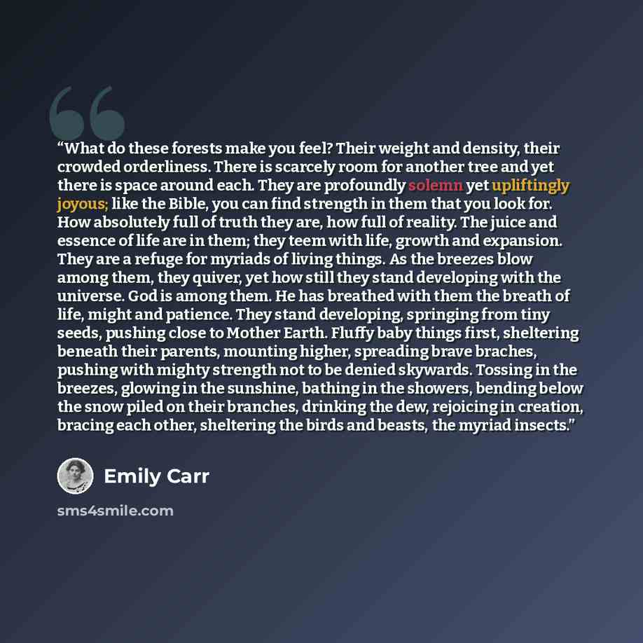 “What do these forests make you feel? Their weight and density, their crowded orderliness. There is scarcely room for another tree and yet there is space around each. They are profoundly solemn yet upliftingly joyous; like the Bible, you can find strength in them that you look for. How absolutely…” quote by Emily Carr
