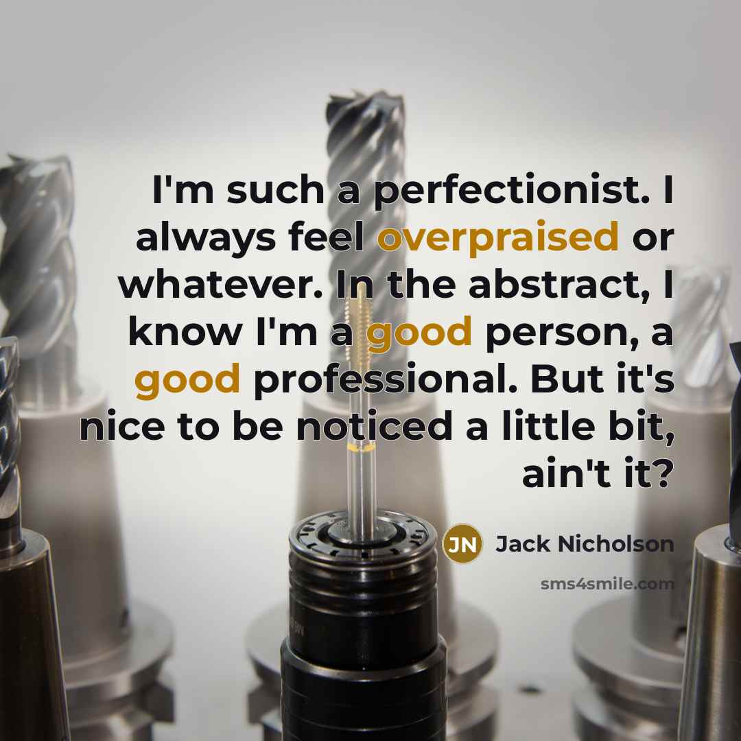 “I'm such a perfectionist. I always feel overpraised or whatever. In the abstract, I know I'm a good person, a good professional. But it's nice to be noticed a little bit, ain't it?” quote by Jack Nicholson