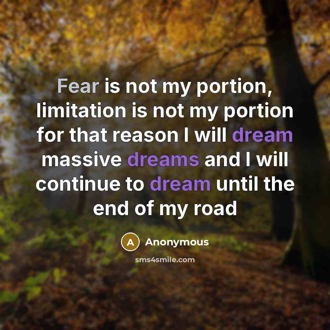 “Fear is not my portion, limitation is not my portion for that reason I will dream massive dreams and I will continue to dream until the end of my road” quote by Anonymous