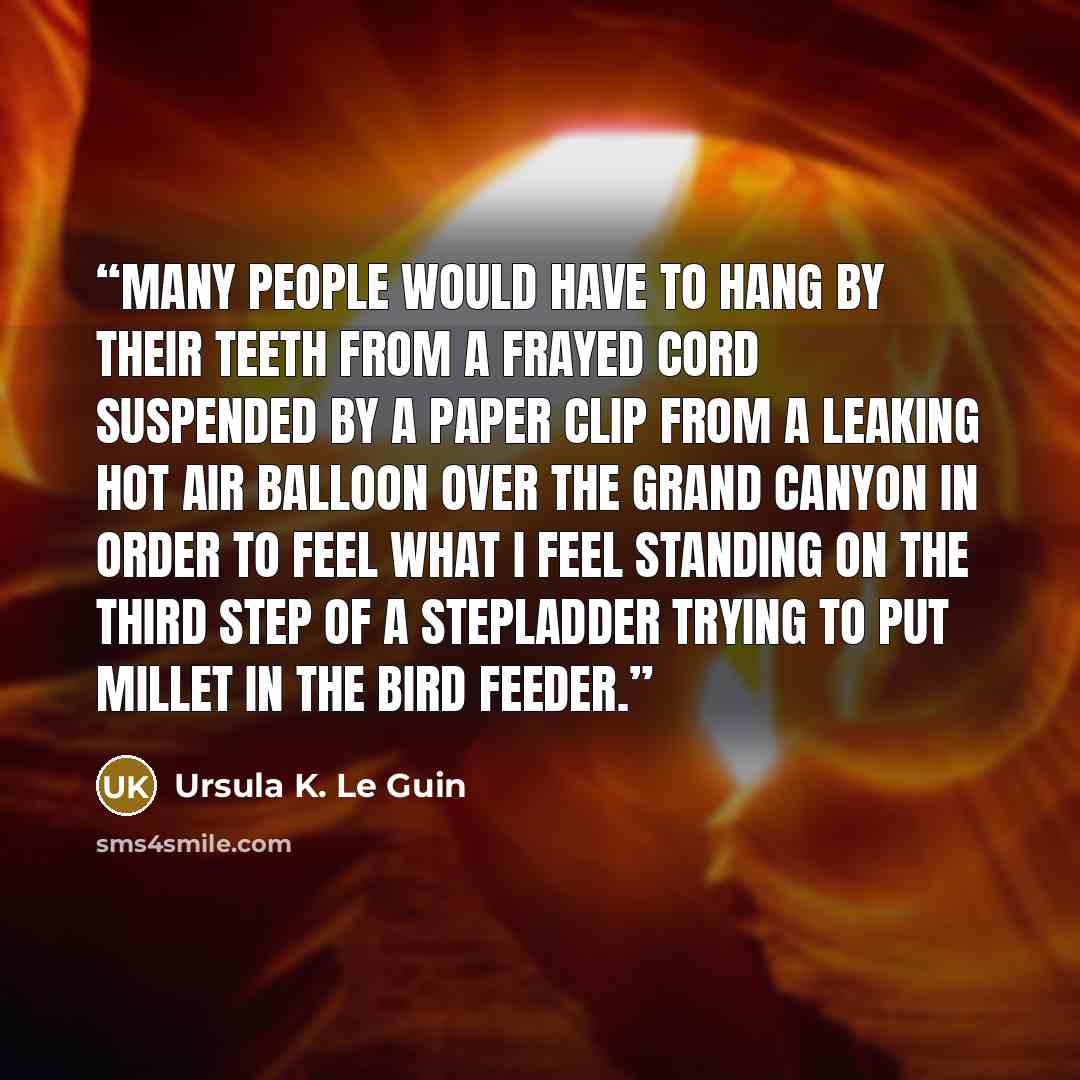 “Many people would have to hang by their teeth from a frayed cord suspended by a paper clip from a leaking hot air balloon over the Grand Canyon in order to feel what I feel standing on the third step of a stepladder trying to put millet in the bird feeder.” quote by Ursula K. Le Guin
