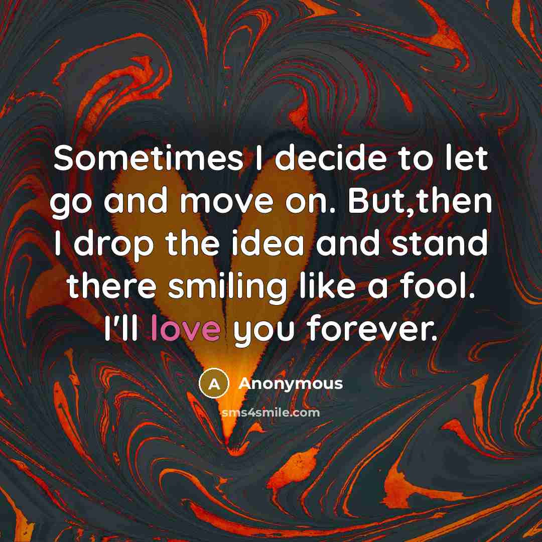 “Sometimes I decide to let go and move on. But,then I drop the idea and stand there smiling like a fool. I'll love you forever.” quote by Anonymous