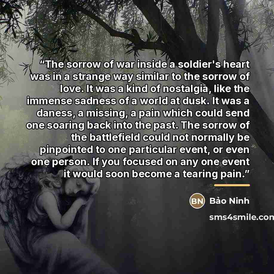“The sorrow of war inside a soldier's heart was in a strange way similar to the sorrow of love. It was a kind of nostalgia, like the immense sadness of a world at dusk. It was a daness, a missing, a pain which could send one soaring back into the past. The sorrow of the battlefield could not…” quote by Bao Ninh