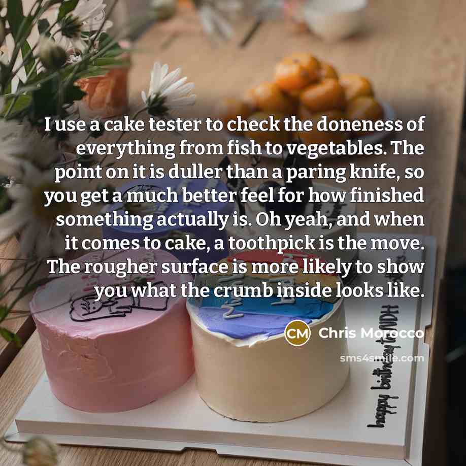 “I use a cake tester to check the doneness of everything from fish to vegetables. The point on it is duller than a paring knife, so you get a much better feel for how finished something actually is. Oh yeah, and when it comes to cake, a toothpick is the move. The rougher surface is more likely to…” quote by Chris Morocco