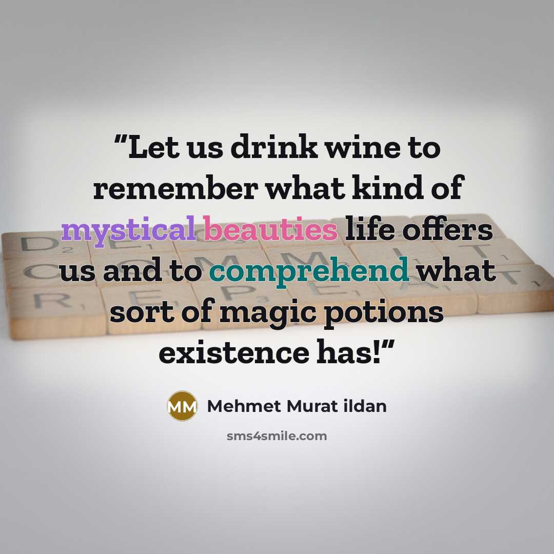 “Let us drink wine to remember what kind of mystical beauties life offers us and to comprehend what sort of magic potions existence has!” quote by Mehmet Murat ildan