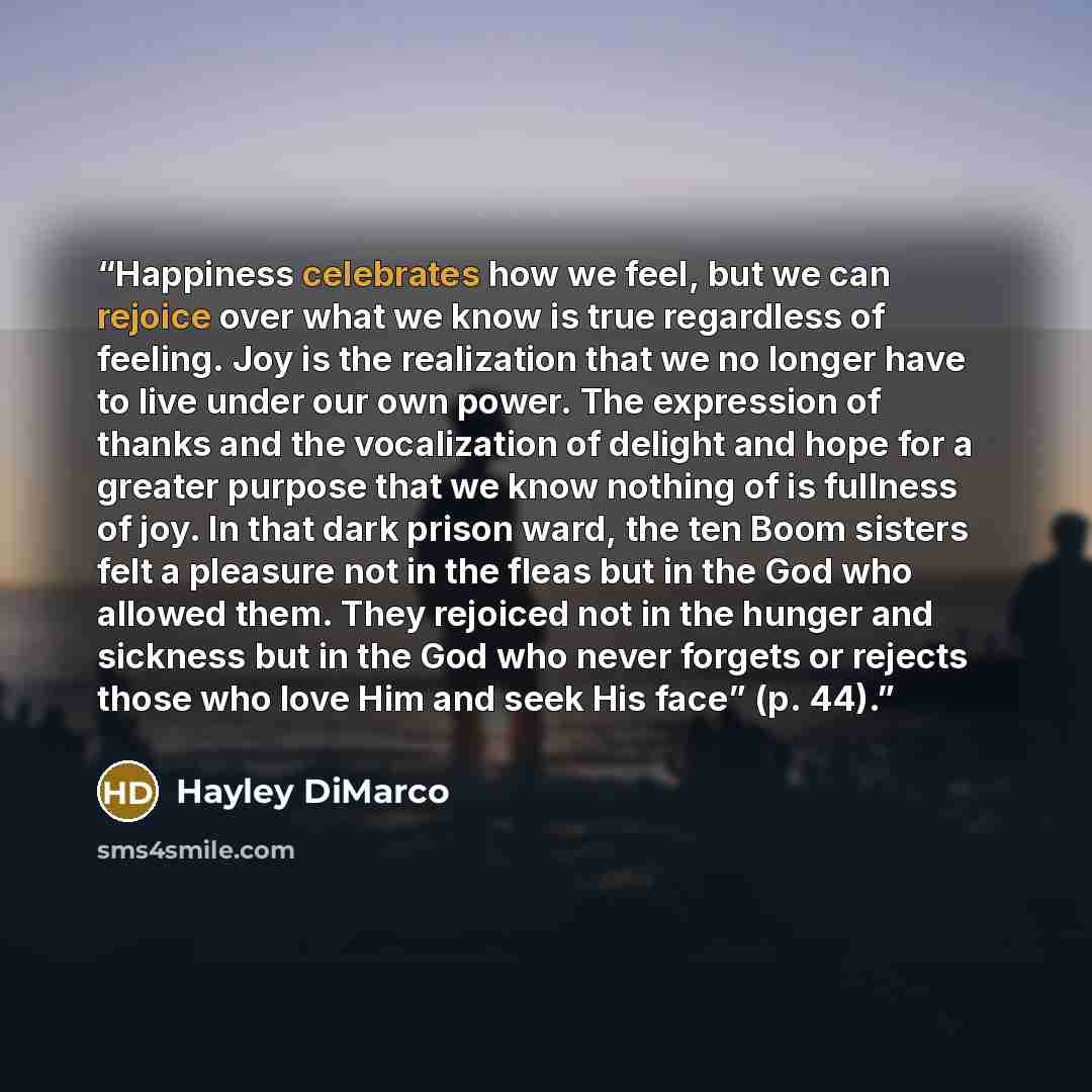 “Happiness celebrates how we feel, but we can rejoice over what we know is true regardless of feeling. Joy is the realization that we no longer have to live under our own power. The expression of thanks and the vocalization of delight and hope for a greater purpose that we know nothing of is…” quote by Hayley DiMarco