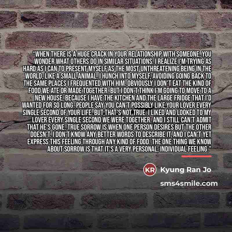 “When there is a huge crack in your relationship with someone, you wonder what others do in similar situations. I realize I'm trying as hard as I can to present myself as the most unthreatening being in the world, like a small animal. I hunch into myself, avoiding going back to the same places I…” quote by Kyung Ran Jo