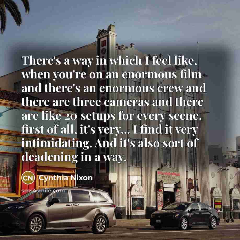 “There's a way in which I feel like, when you're on an enormous film and there's an enormous crew and there are three cameras and there are like 20 setups for every scene, first of all, it's very... I find it very intimidating. And it's also sort of deadening in a way.” quote by Cynthia Nixon