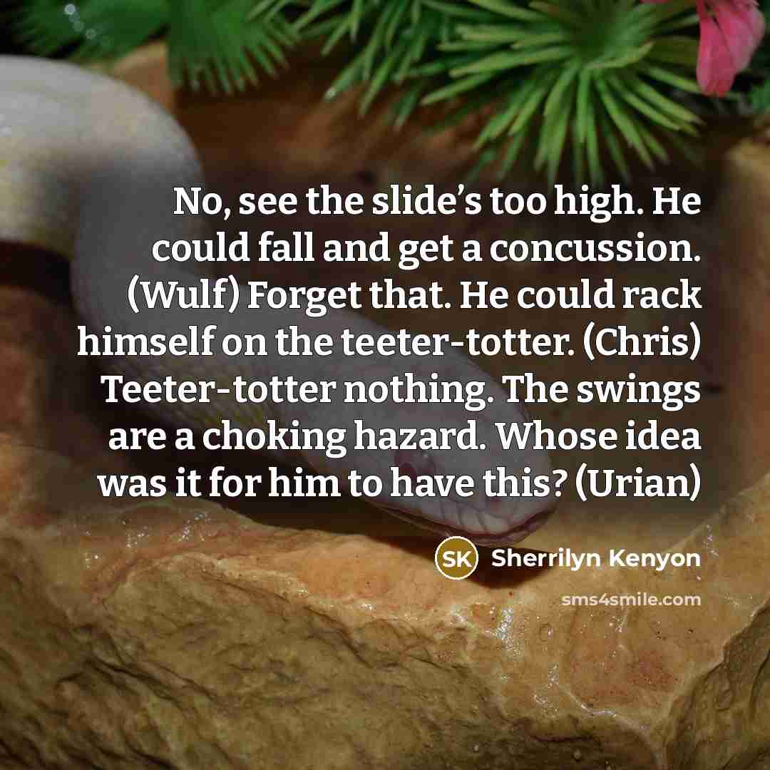 “No, see the slide’s too high. He could fall and get a concussion. (Wulf) Forget that. He could rack himself on the teeter-totter. (Chris) Teeter-totter nothing. The swings are a choking hazard. Whose idea was it for him to have this? (Urian)” quote by Sherrilyn Kenyon