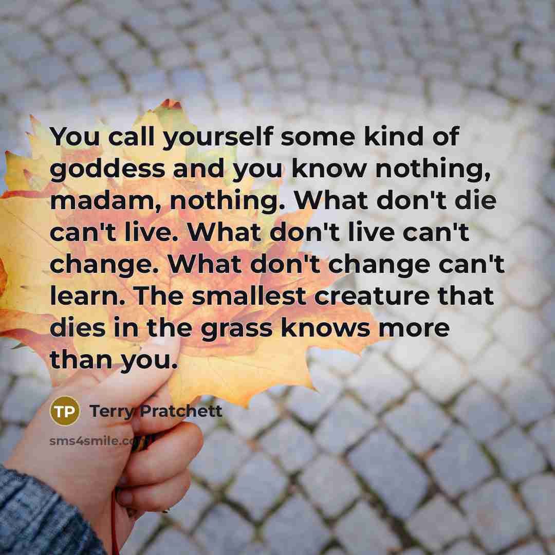 “You call yourself some kind of goddess and you know nothing, madam, nothing. What don't die can't live. What don't live can't change. What don't change can't learn. The smallest creature that dies in the grass knows more than you.” quote by Terry Pratchett
