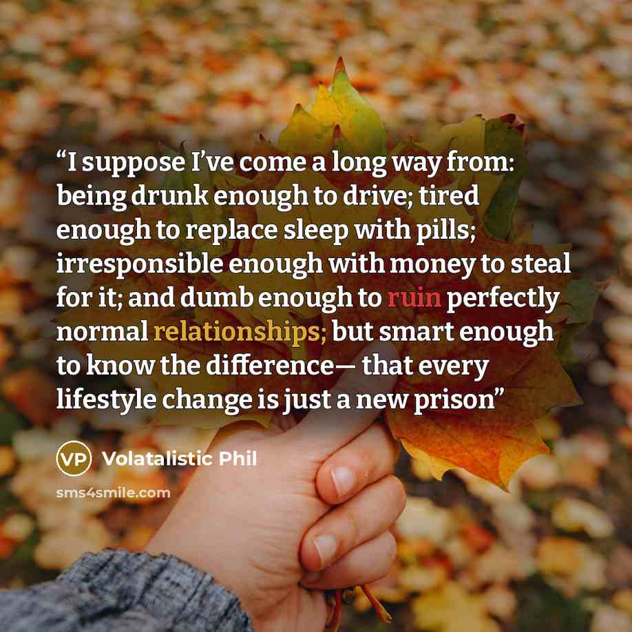 “I suppose I’ve come a long way from: being drunk enough to drive; tired enough to replace sleep with pills; irresponsible enough with money to steal for it; and dumb enough to ruin perfectly normal relationships; but smart enough to know the difference— that every lifestyle change is just a new…” quote by Volatalistic Phil