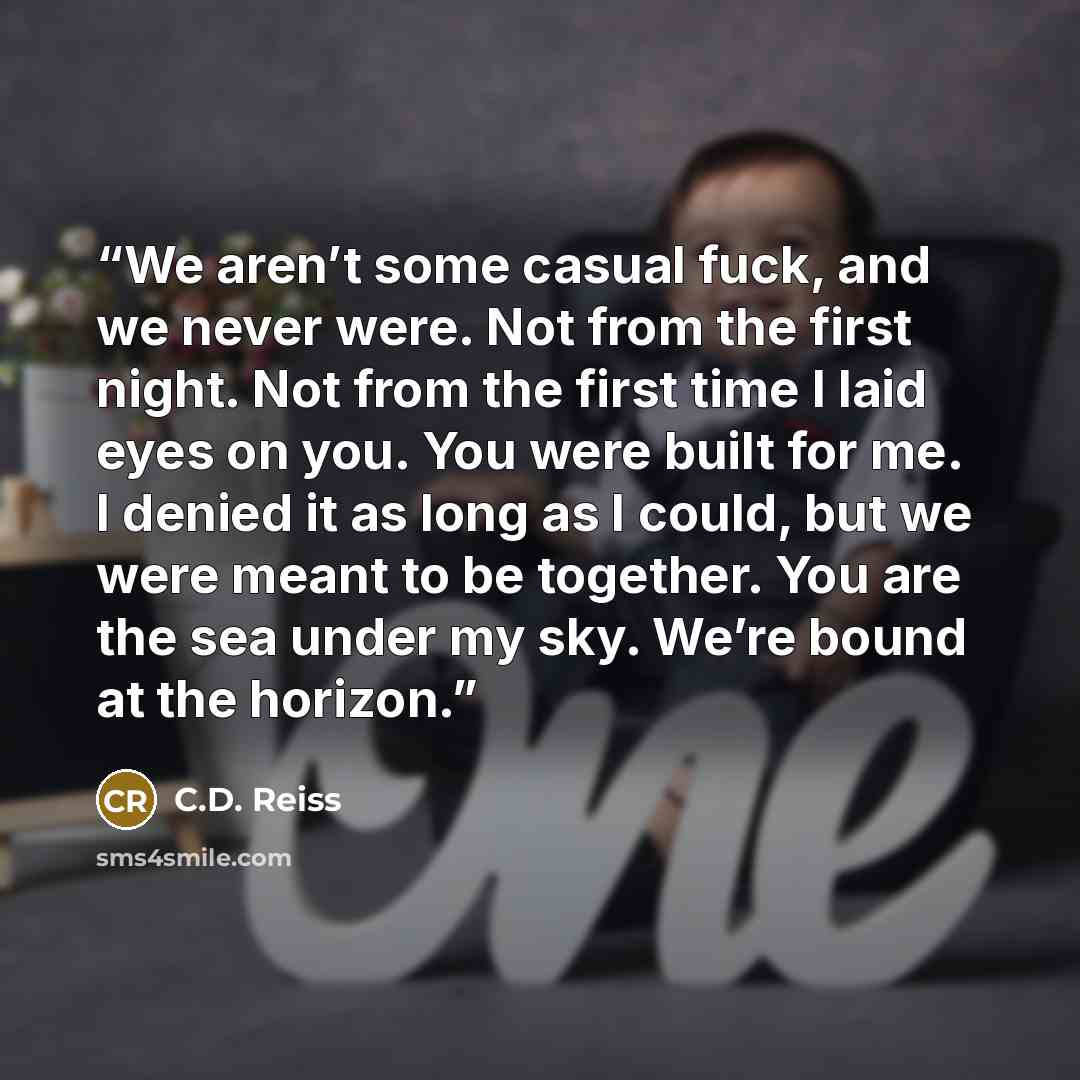 “We aren’t some casual fuck, and we never were. Not from the first night. Not from the first time I laid eyes on you. You were built for me. I denied it as long as I could, but we were meant to be together. You are the sea under my sky. We’re bound at the horizon.” quote by C.D. Reiss