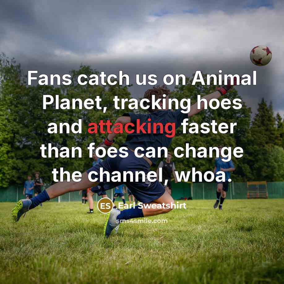 “Fans catch us on Animal Planet, tracking hoes and attacking faster than foes can change the channel, whoa.” quote by Earl Sweatshirt