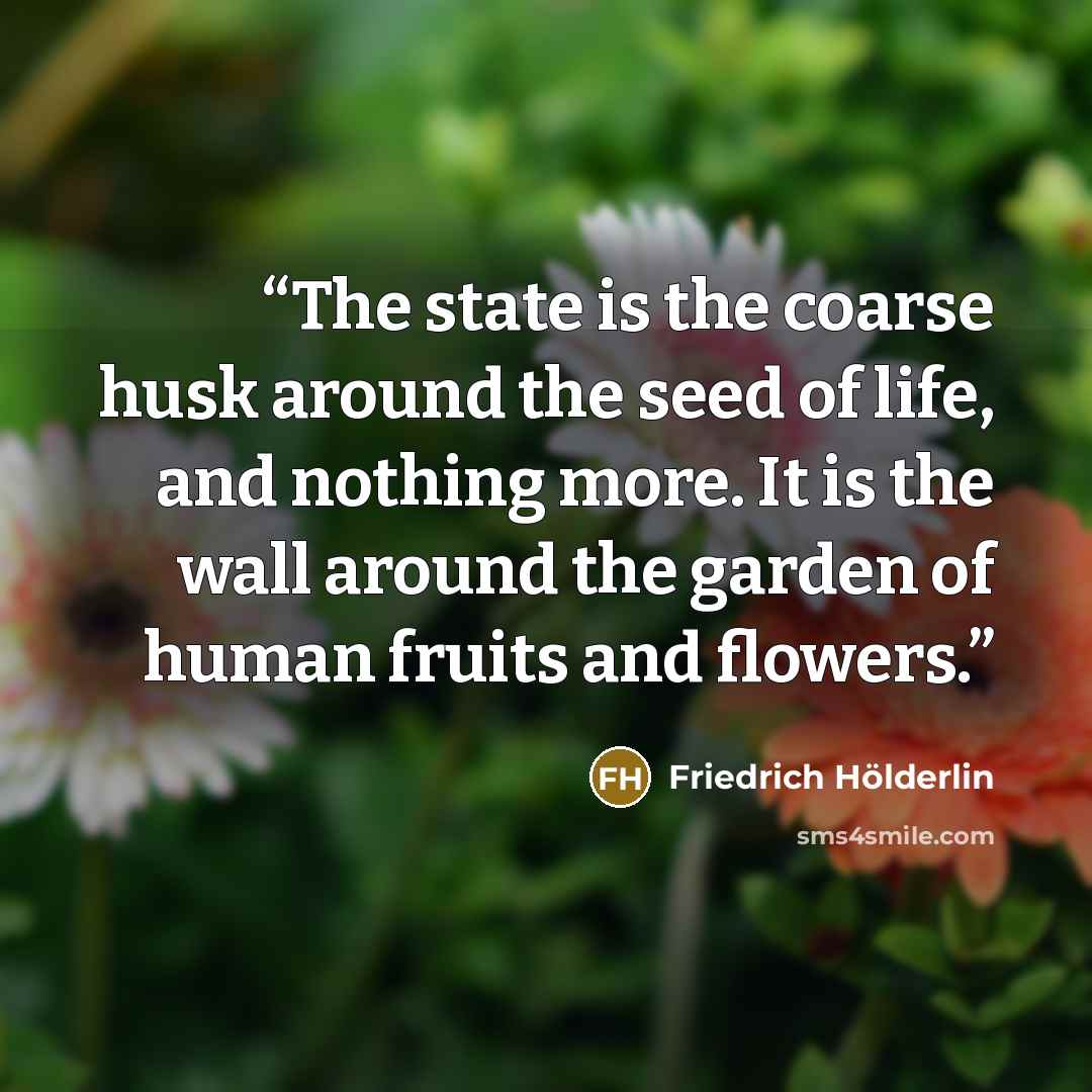 “The state is the coarse husk around the seed of life, and nothing more. It is the wall around the garden of human fruits and flowers.” quote by Friedrich Hölderlin
