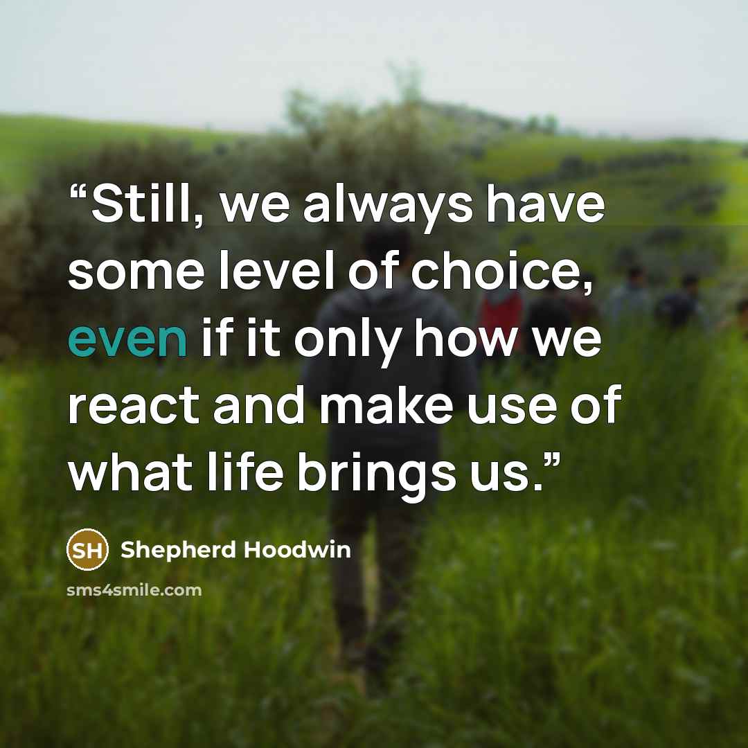 “Still, we always have some level of choice, even if it only how we react and make use of what life brings us.” quote by Shepherd Hoodwin