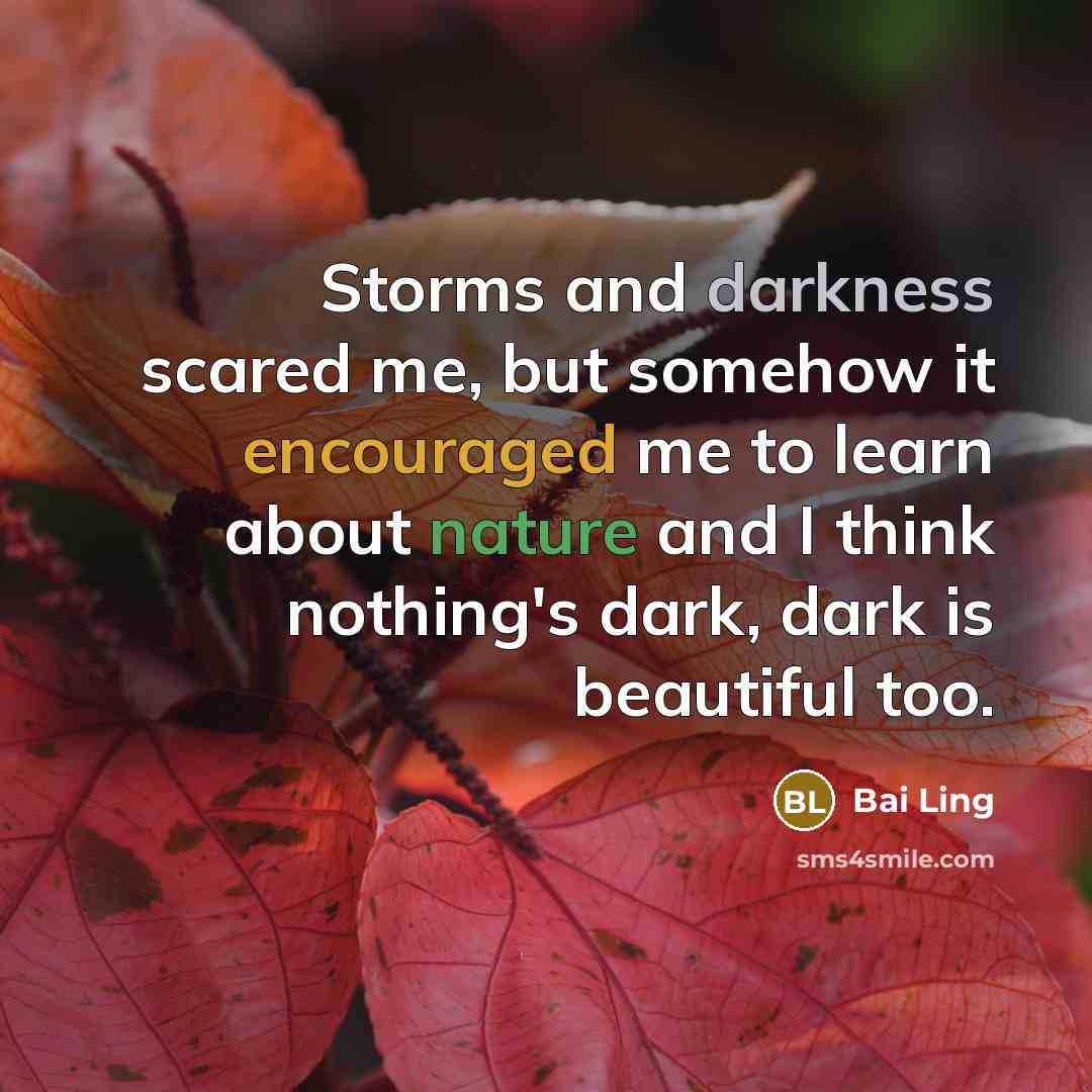 “Storms and darkness scared me, but somehow it encouraged me to learn about nature and I think nothing's dark, dark is beautiful too.” quote by Bai Ling