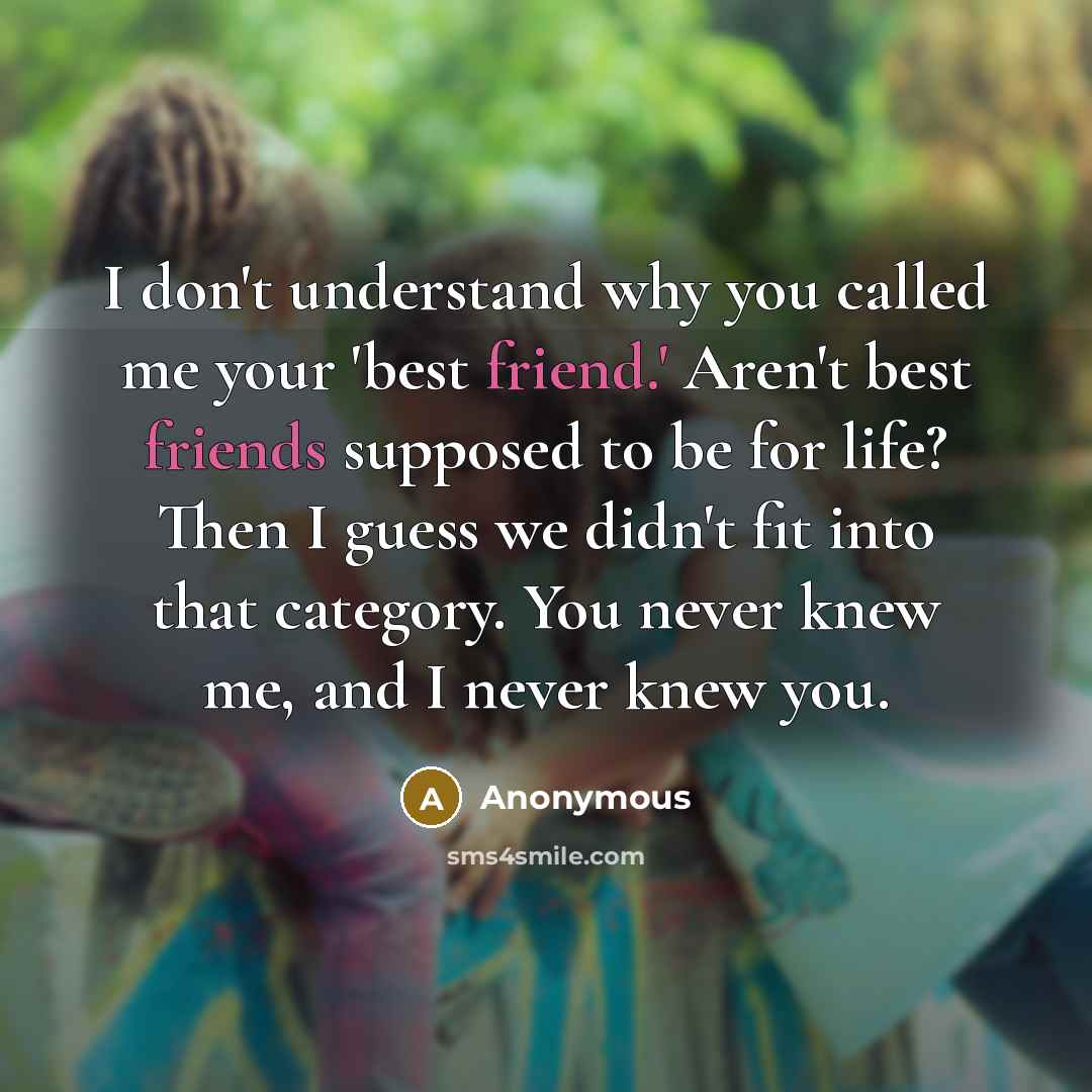 “I don't understand why you called me your 'best friend.' Aren't best friends supposed to be for life? Then I guess we didn't fit into that category. You never knew me, and I never knew you.” quote by Anonymous