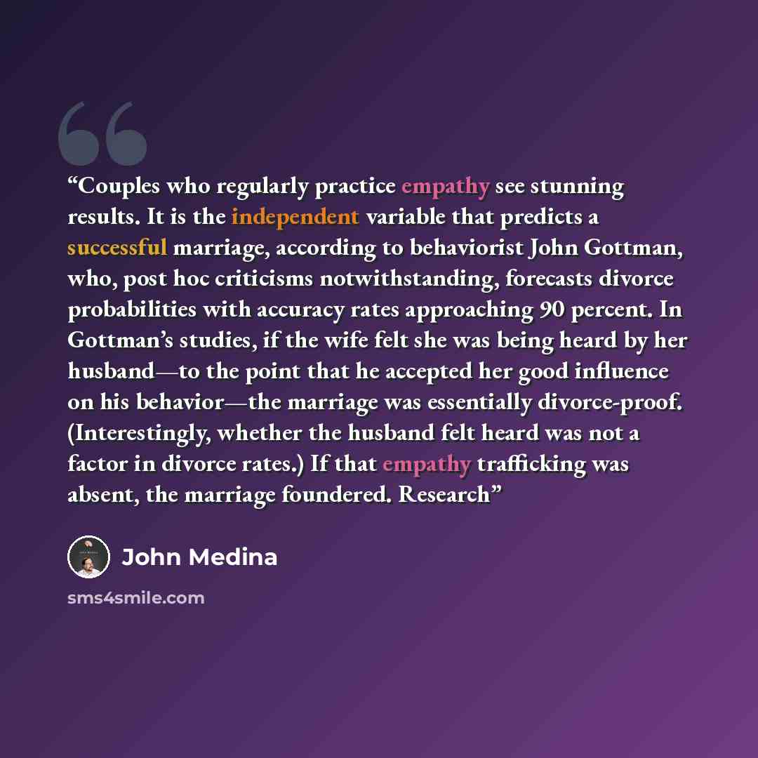 “Couples who regularly practice empathy see stunning results. It is the independent variable that predicts a successful marriage, according to behaviorist John Gottman, who, post hoc criticisms notwithstanding, forecasts divorce probabilities with accuracy rates approaching 90 percent. In Gottman’s…” quote by John Medina