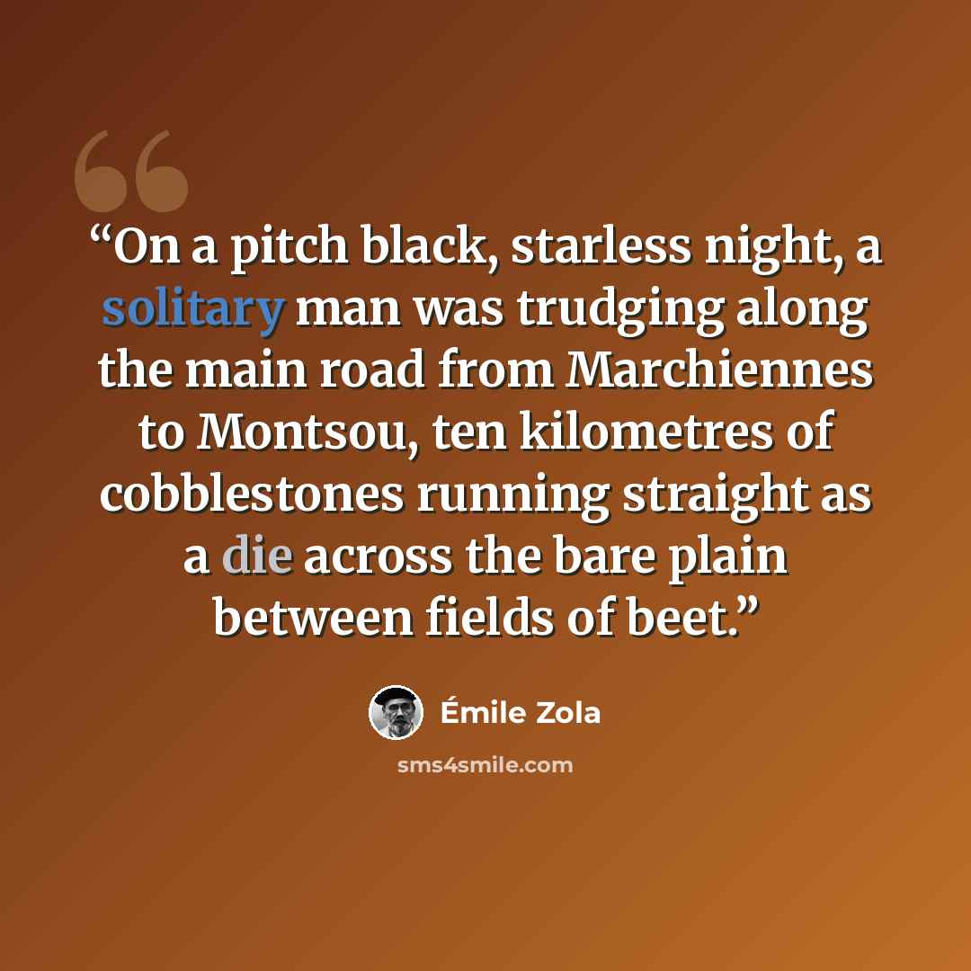 “On a pitch black, starless night, a solitary man was trudging along the main road from Marchiennes to Montsou, ten kilometres of cobblestones running straight as a die across the bare plain between fields of beet.” quote by Émile Zola