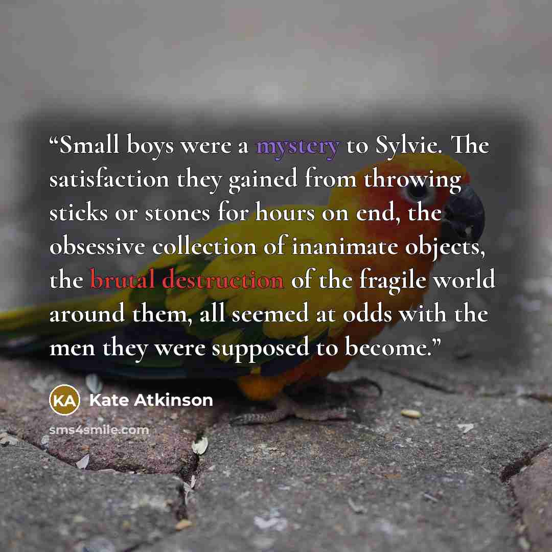 “Small boys were a mystery to Sylvie. The satisfaction they gained from throwing sticks or stones for hours on end, the obsessive collection of inanimate objects, the brutal destruction of the fragile world around them, all seemed at odds with the men they were supposed to become.” quote by Kate Atkinson
