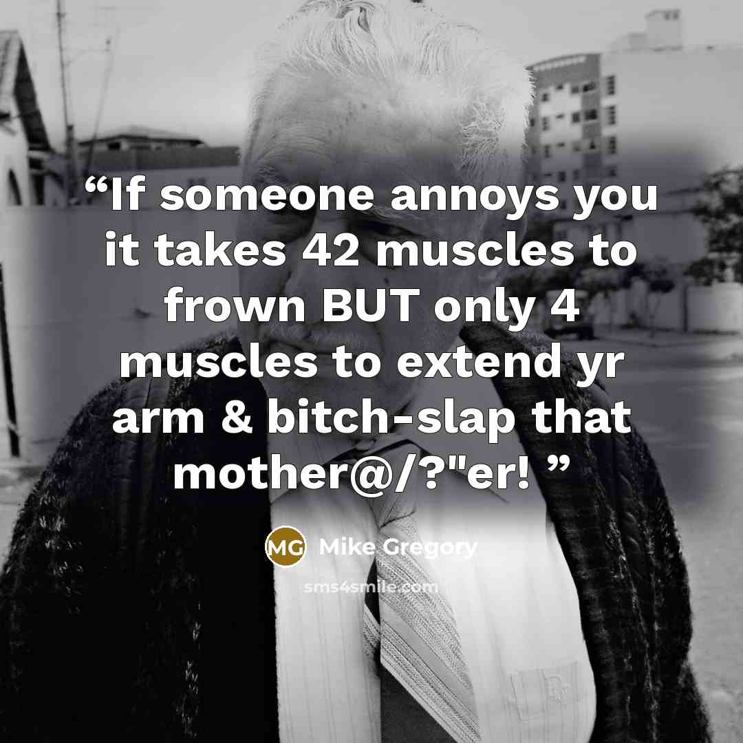 “If someone annoys you it takes 42 muscles to frown BUT only 4 muscles to extend yr arm & bitch-slap that mother@/?"er!” quote by Mike Gregory