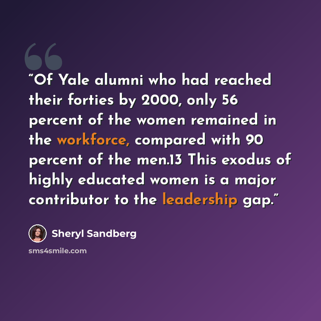 “Of Yale alumni who had reached their forties by 2000, only 56 percent of the women remained in the workforce, compared with 90 percent of the men.13 This exodus of highly educated women is a major contributor to the leadership gap.” quote by Sheryl Sandberg
