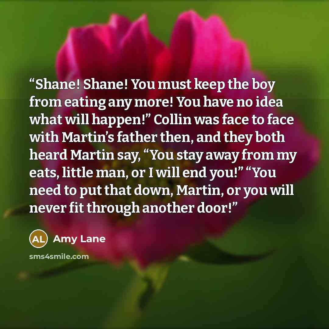 “Shane! Shane! You must keep the boy from eating any more! You have no idea what will happen!” Collin was face to face with Martin’s father then, and they both heard Martin say, “You stay away from my eats, little man, or I will end you!” “You need to put that down, Martin, or you will never fit…” quote by Amy Lane