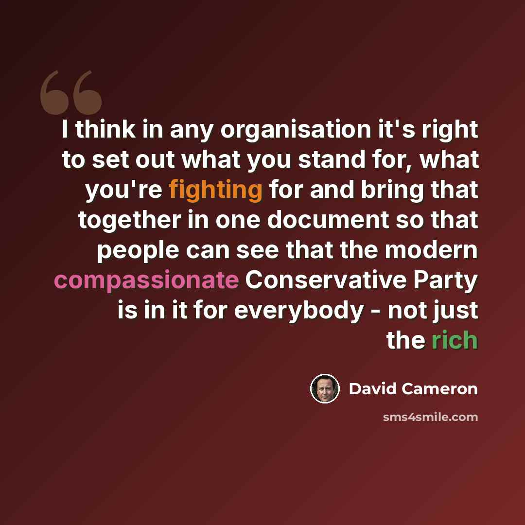 “I think in any organisation it's right to set out what you stand for, what you're fighting for and bring that together in one document so that people can see that the modern compassionate Conservative Party is in it for everybody - not just the rich” quote by David Cameron