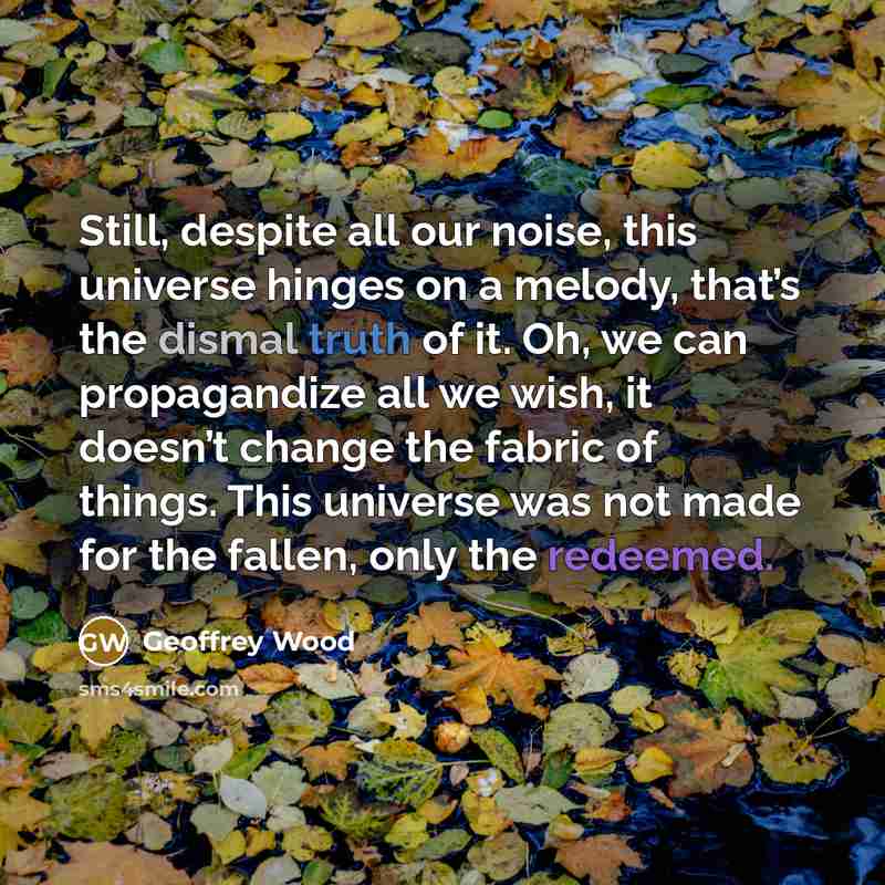 “Still, despite all our noise, this universe hinges on a melody, that’s the dismal truth of it. Oh, we can propagandize all we wish, it doesn’t change the fabric of things. This universe was not made for the fallen, only the redeemed.” quote by Geoffrey Wood