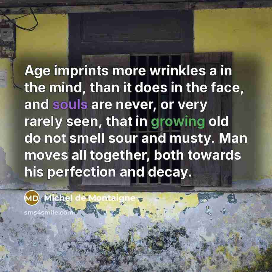 “Age imprints more wrinkles a in the mind, than it does in the face, and souls are never, or very rarely seen, that in growing old do not smell sour and musty. Man moves all together, both towards his perfection and decay.” quote by Michel de Montaigne