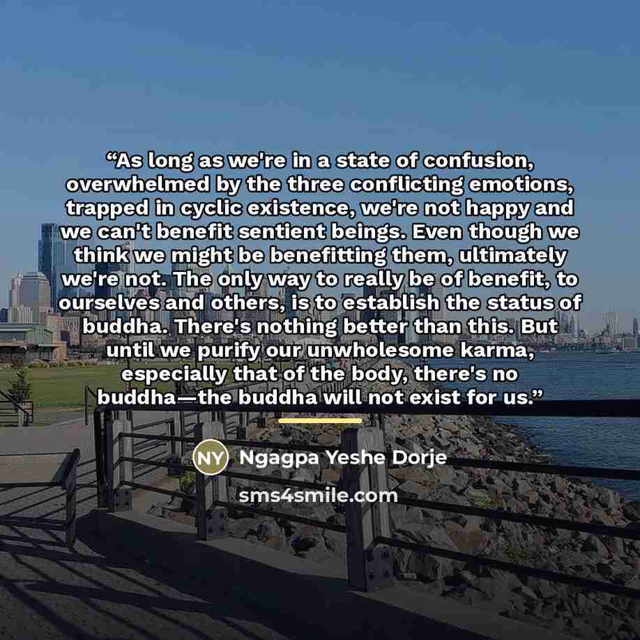 “As long as we're in a state of confusion, overwhelmed by the three conflicting emotions, trapped in cyclic existence, we're not happy and we can't benefit sentient beings. Even though we think we might be benefitting them, ultimately we're not. The only way to really be of benefit, to ourselves…” quote by Ngagpa Yeshe Dorje