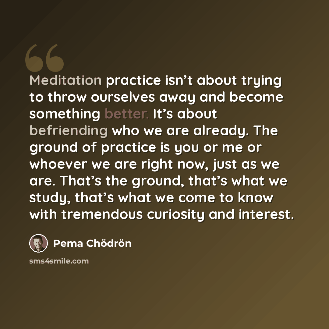 “Meditation practice isn’t about trying to throw ourselves away and become something better. It’s about befriending who we are already. The ground of practice is you or me or whoever we are right now, just as we are. That’s the ground, that’s what we study, that’s what we come to know with…” quote by Pema Chodron