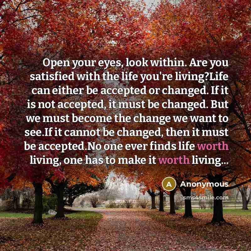 “Open your eyes, look within. Are you satisfied with the life you're living?Life can either be accepted or changed. If it is not accepted, it must be changed. But we must become the change we want to see.If it cannot be changed, then it must be accepted.No one ever finds life worth living, one has…” quote by Anonymous
