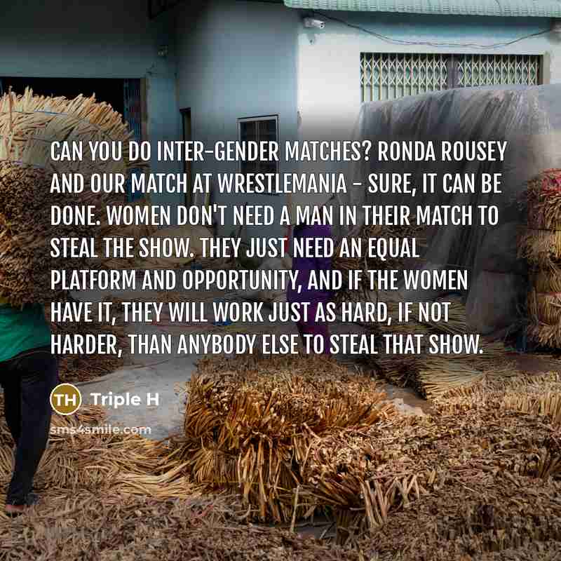 “Can you do inter-gender matches? Ronda Rousey and our match at Wrestlemania - sure, it can be done. Women don't need a man in their match to steal the show. They just need an equal platform and opportunity, and if the women have it, they will work just as hard, if not harder, than anybody else to…” quote by Triple H