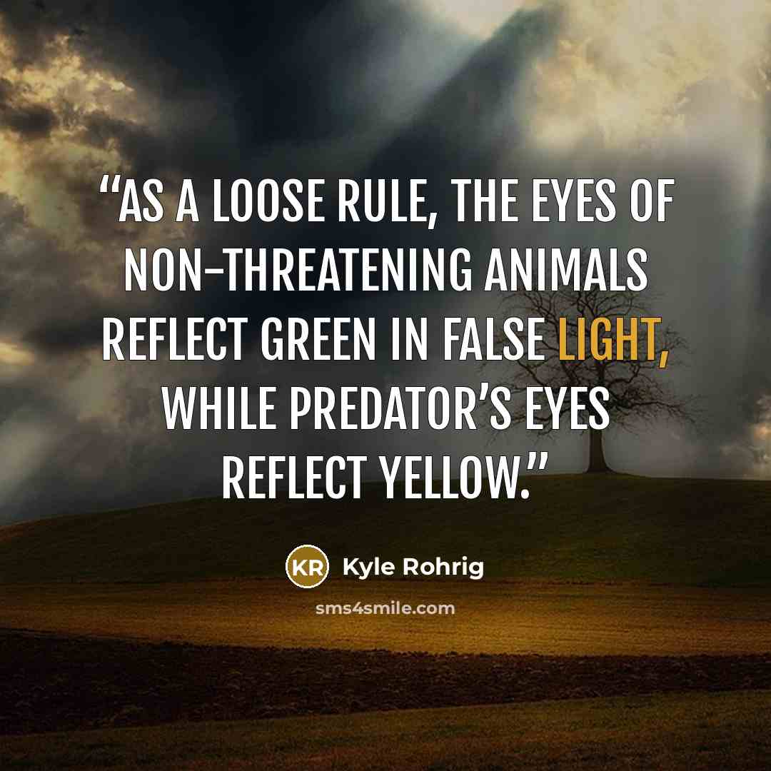 “As a loose rule, the eyes of non-threatening animals reflect green in false light, while predator’s eyes reflect yellow.” quote by Kyle Rohrig