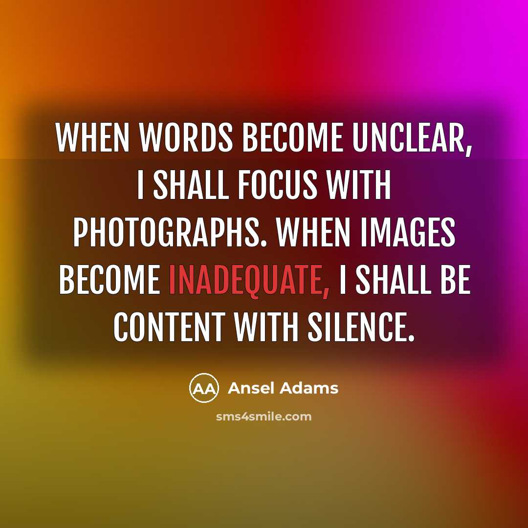 “When words become unclear, I shall focus with photographs. When images become inadequate, I shall be content with silence.” quote by Ansel Adams