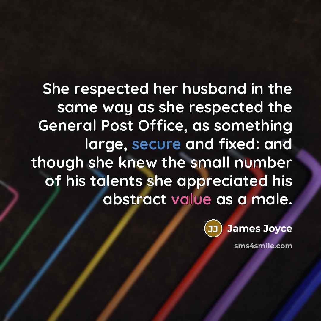 “She respected her husband in the same way as she respected the General Post Office, as something large, secure and fixed: and though she knew the small number of his talents she appreciated his abstract value as a male.” quote by James Joyce