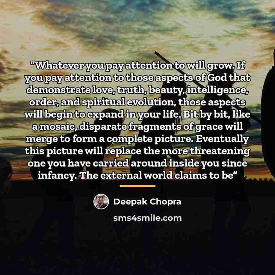 “Whatever you pay attention to will grow. If you pay attention to those aspects of God that demonstrate love, truth, beauty, intelligence, order, and spiritual evolution, those aspects will begin to expand in your life. Bit by bit, like a mosaic, disparate fragments of grace will merge to form a…” quote by Deepak Chopra