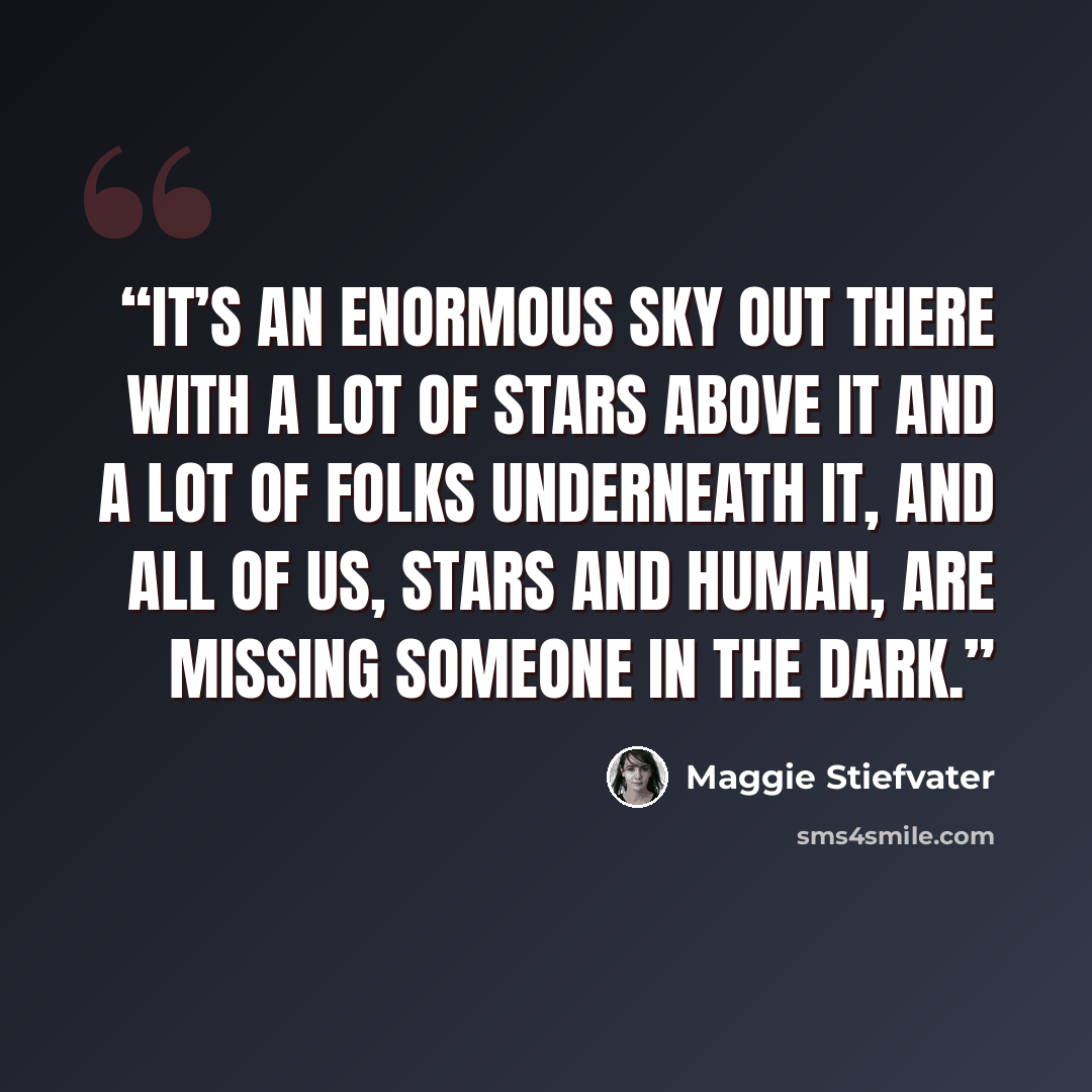 “It’s an enormous sky out there with a lot of stars above it and a lot of folks underneath it, and all of us, stars and human, are missing someone in the dark.” quote by Maggie Stiefvater