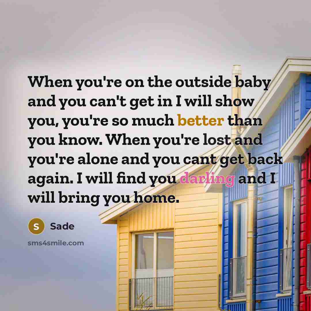 “When you're on the outside baby and you can't get in I will show you, you're so much better than you know. When you're lost and you're alone and you cant get back again. I will find you darling and I will bring you home.” quote by Sade