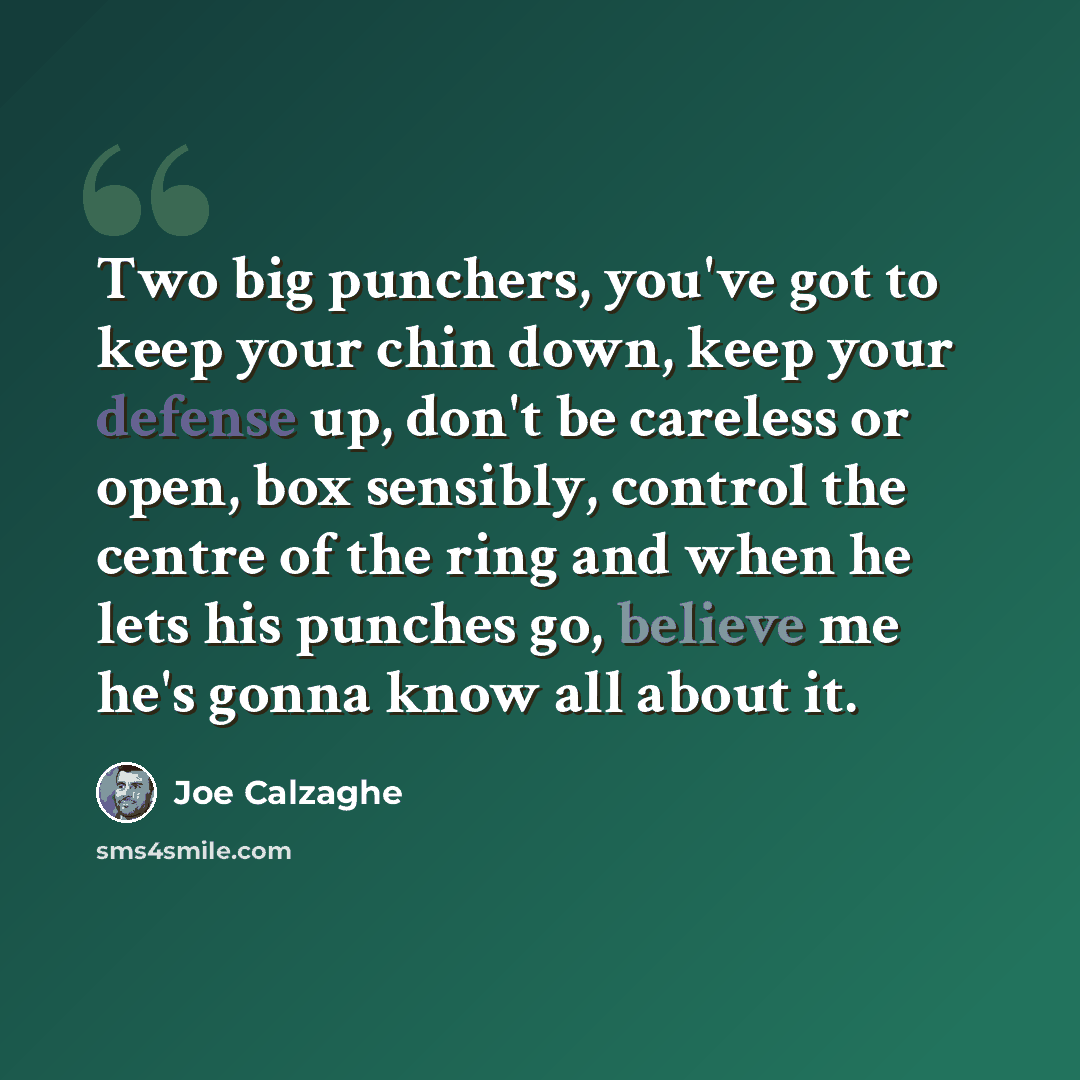 “Two big punchers, you've got to keep your chin down, keep your defense up, don't be careless or open, box sensibly, control the centre of the ring and when he lets his punches go, believe me he's gonna know all about it.” quote by Joe Calzaghe