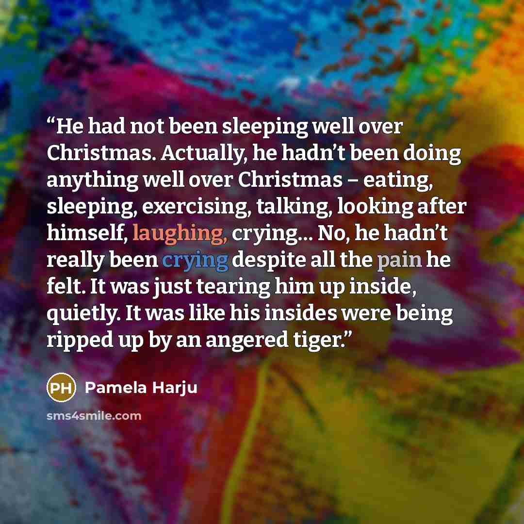 “He had not been sleeping well over Christmas. Actually, he hadn’t been doing anything well over Christmas – eating, sleeping, exercising, talking, looking after himself, laughing, crying… No, he hadn’t really been crying despite all the pain he felt. It was just tearing him up inside, quietly. It…” quote by Pamela Harju