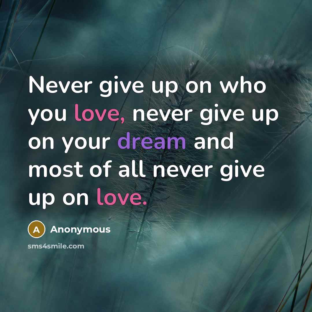 “Never give up on who you love, never give up on your dream and most of all never give up on love.” quote by Anonymous
