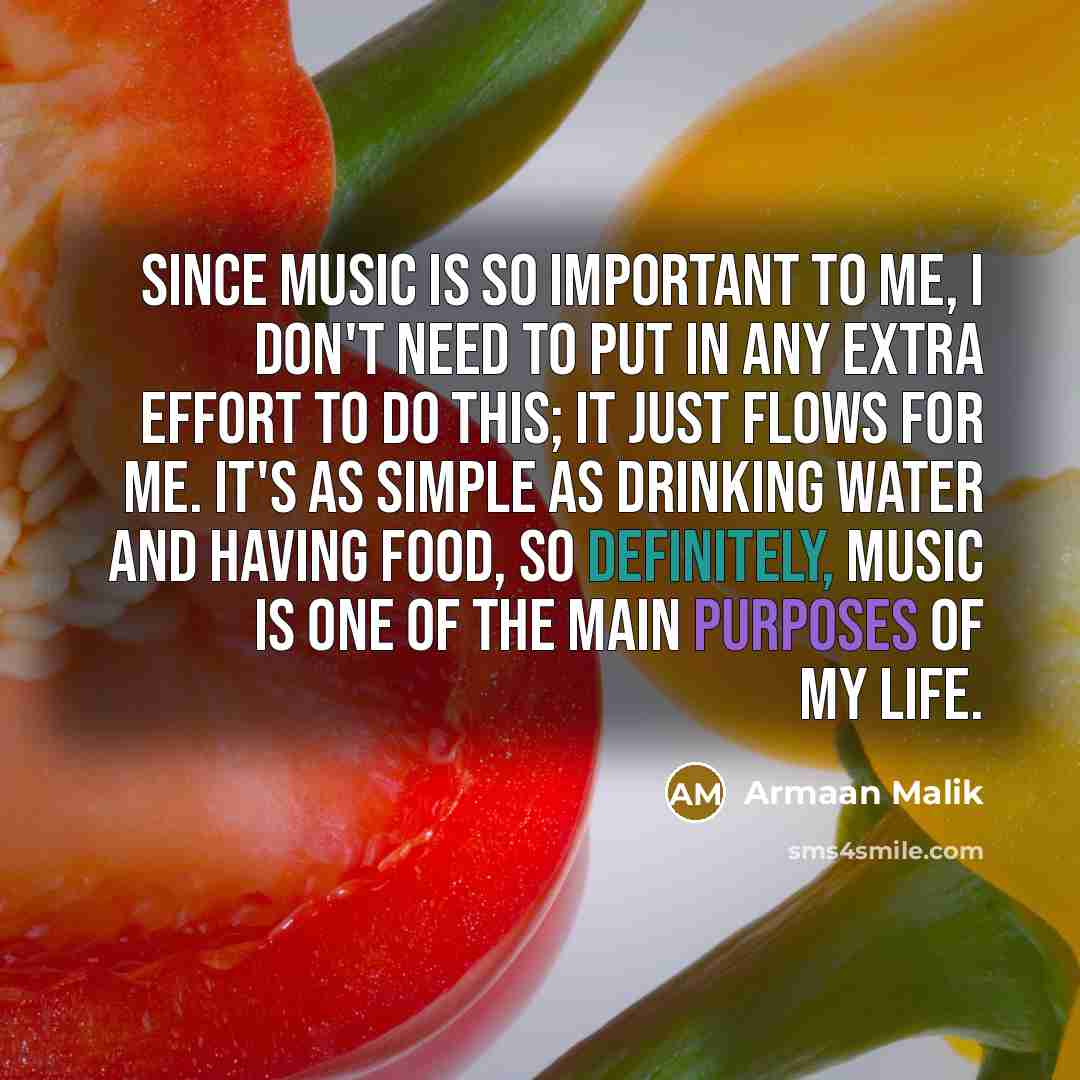 “Since music is so important to me, I don't need to put in any extra effort to do this; it just flows for me. It's as simple as drinking water and having food, so definitely, music is one of the main purposes of my life.” quote by Armaan Malik
