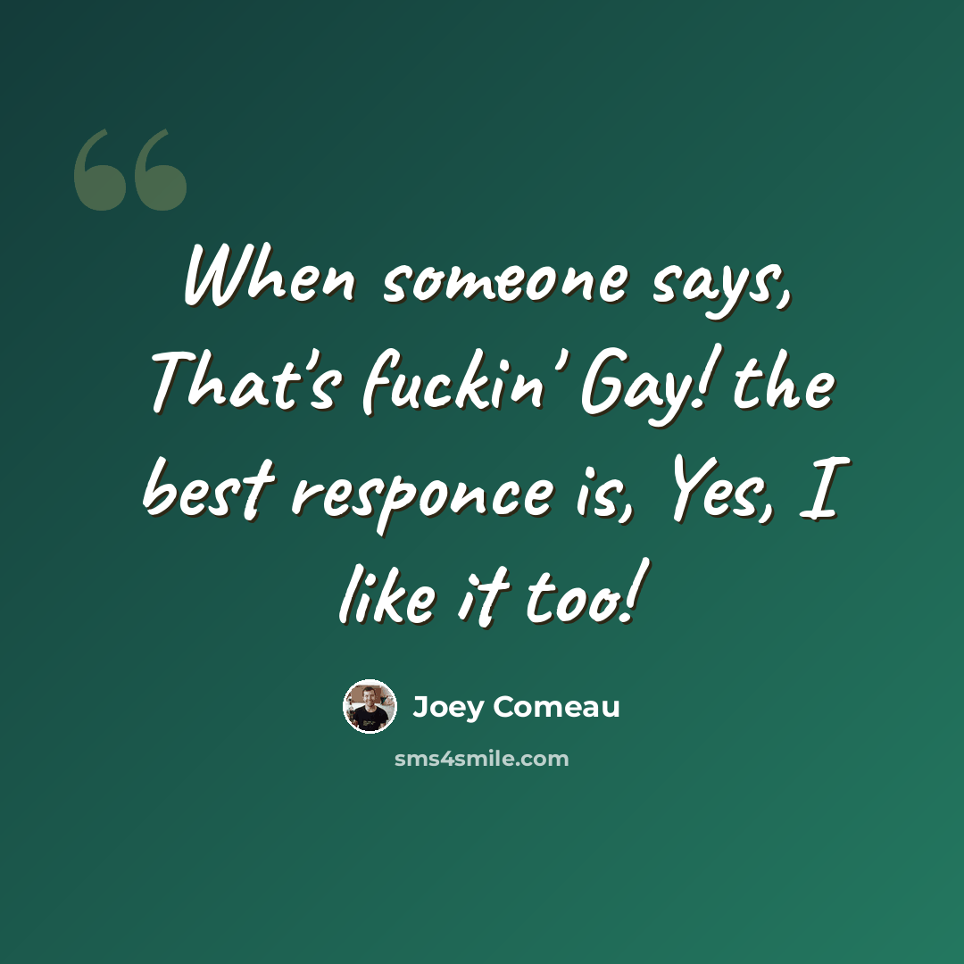 “When someone says, That's fuckin' Gay! the best responce is, Yes, I like it too!” quote by Joey Comeau