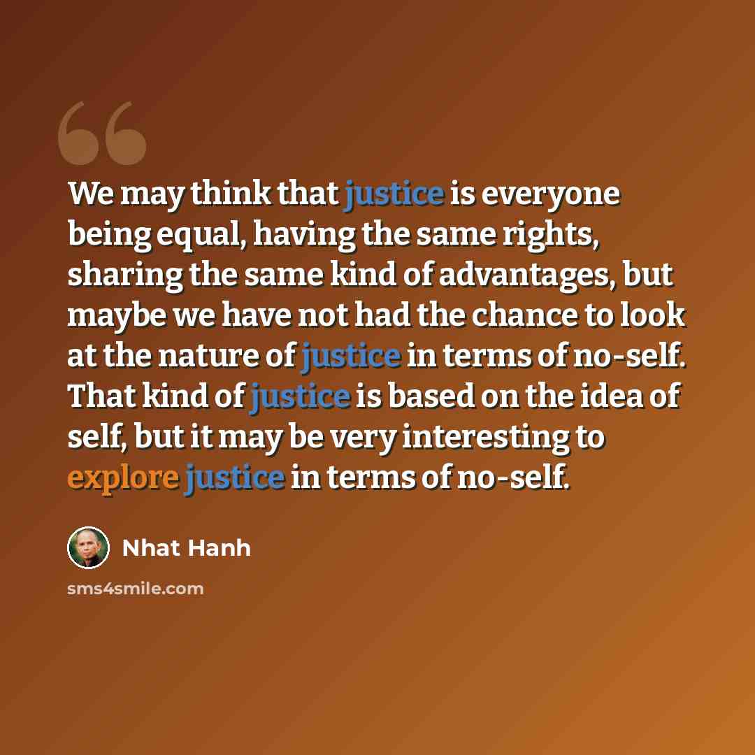 “We may think that justice is everyone being equal, having the same rights, sharing the same kind of advantages, but maybe we have not had the chance to look at the nature of justice in terms of no-self. That kind of justice is based on the idea of self, but it may be very interesting to explore…” quote by Nhat Hanh