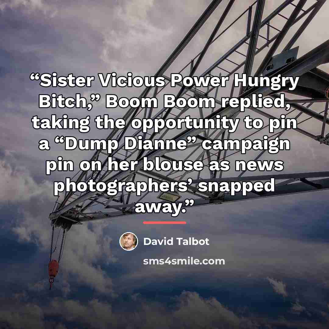 “Sister Vicious Power Hungry Bitch,” Boom Boom replied, taking the opportunity to pin a “Dump Dianne” campaign pin on her blouse as news photographers’ snapped away.” quote by David Talbot