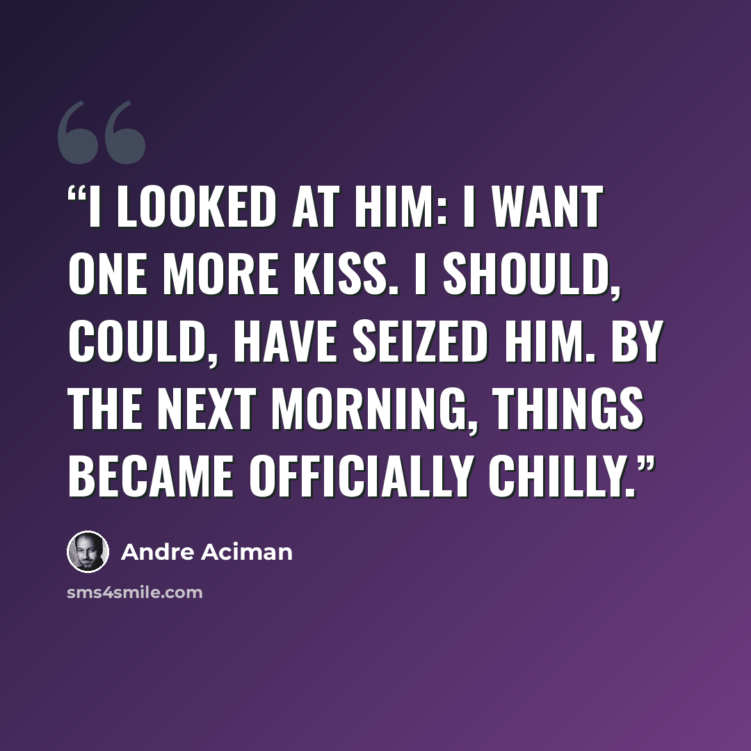 “I looked at him: I want one more kiss. I should, could, have seized him. By the next morning, things became officially chilly.” quote by André Aciman