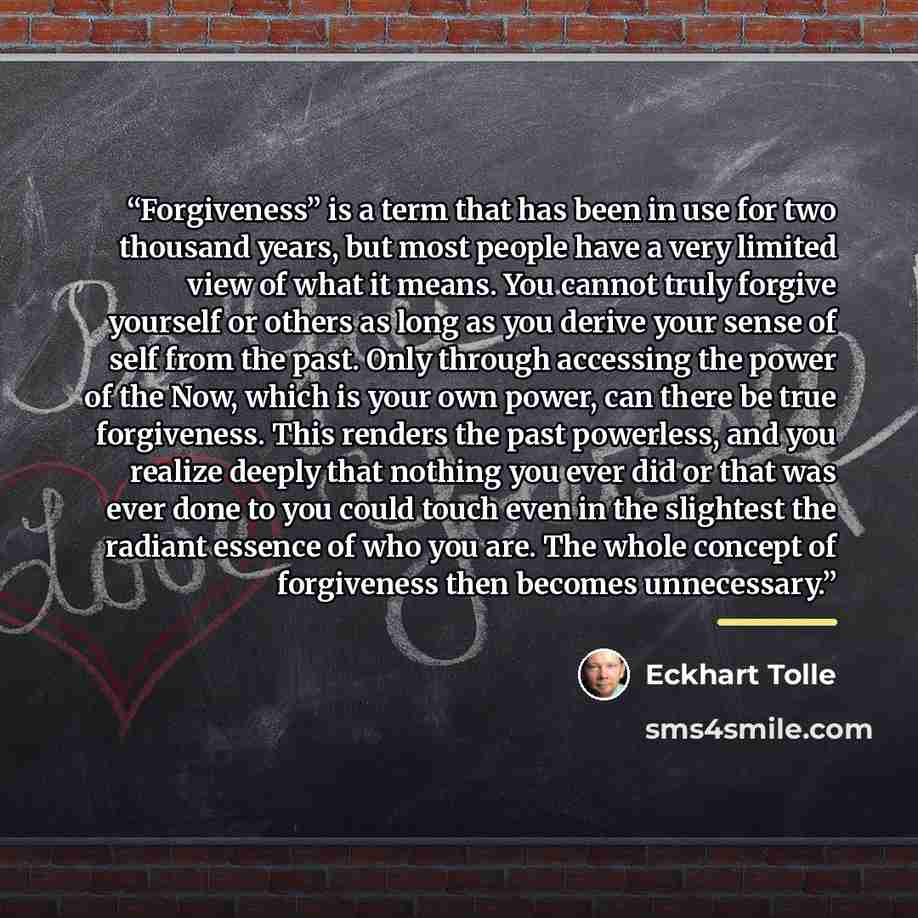 “Forgiveness” is a term that has been in use for two thousand years, but most people have a very limited view of what it means. You cannot truly forgive yourself or others as long as you derive your sense of self from the past. Only through accessing the power of the Now, which is your own power…” quote by Eckhart Tolle